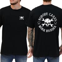 Work Harder Skull T-Shirt – Minimal Front Skull with Wrenches Graphic and Bold “Nobody Cares, Work Harder” Back Print, 100% Cotton Black Tee, Menswear, Top