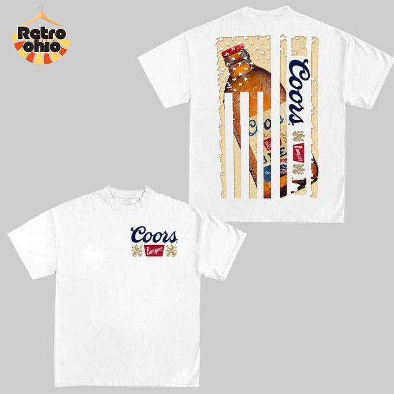 Coors Banquet US Flag T-Shirt – Fresh Beer 2-Sided Graphic Tee, 4th of July Summer Drinking Shirt, Casual Unisex Cotton Top for Menswear and Womenswear