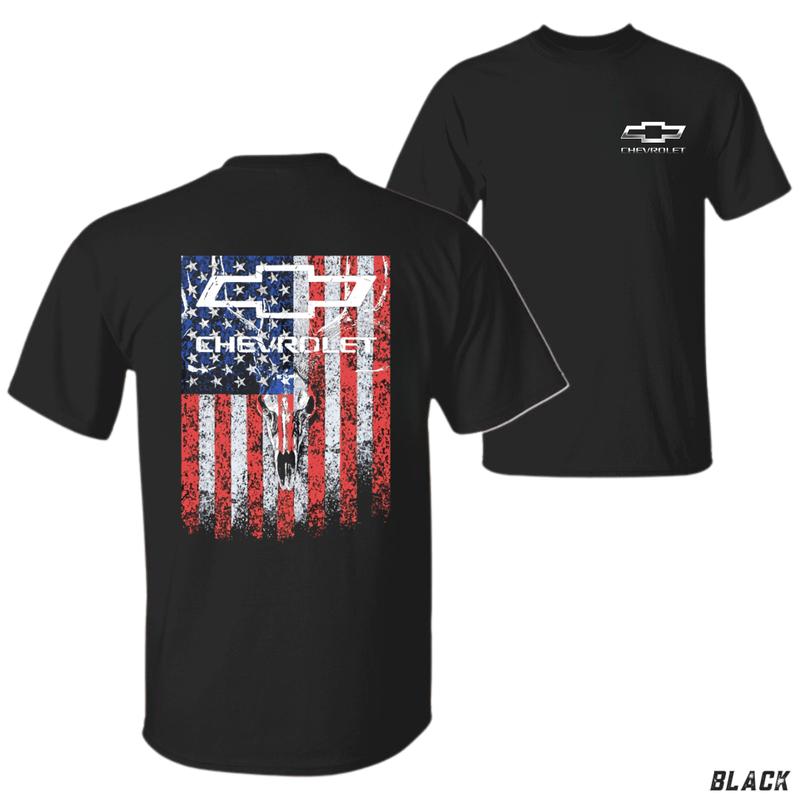Chevrolet Flag T-Shirt – Distressed American Flag Graphic Tee with Bull Skull, Patriotic Car Lover Shirt, Unisex Crewneck, TikTok Trending Tee, Menswear Top Streetwear shirts men