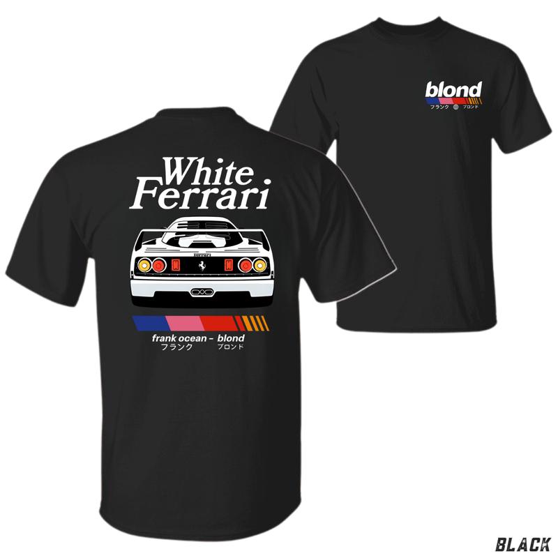 White Ferrari T-Shirt – Frank Ocean ‘Blond’ Car Graphic Tee, Japanese Text Style, Unisex Crewneck Short Sleeve Top for Alt Fashion & Music Lovers Menswear Streetwear Man