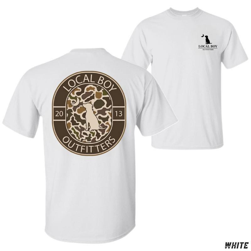 Local Boy Outfitters T-Shirt – Camouflage Badge with Dog Silhouette Graphic, Ideal for Outdoor and Casual Wear, Durable Unisex Cotton Tee