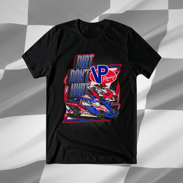 Vintage VP Racing “Dirt Don’t Hurt” T-Shirt – American Flag Dirt Track Racing Tee, Unisex Graphic Shirt