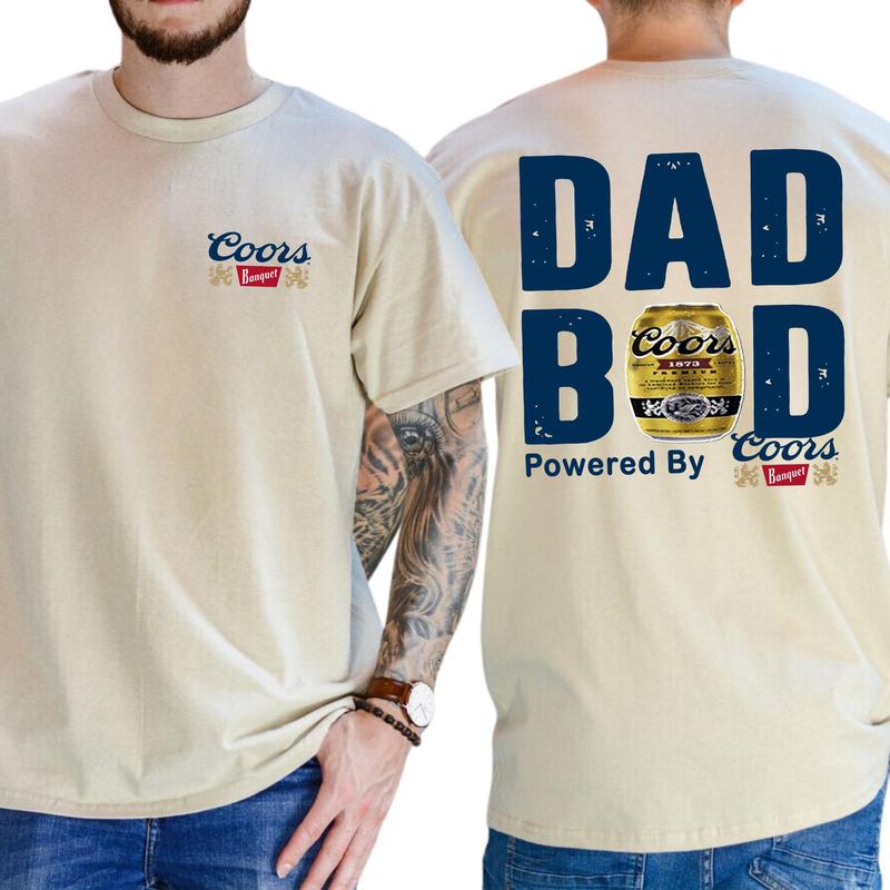 Dad Bod Powered By Coors Banquet Original T-Shirt 2 Sided, Beer Drink Shirt for Men, Funny Drinking Tee for Daddy, Casual Cotton Top, Classic Menswear