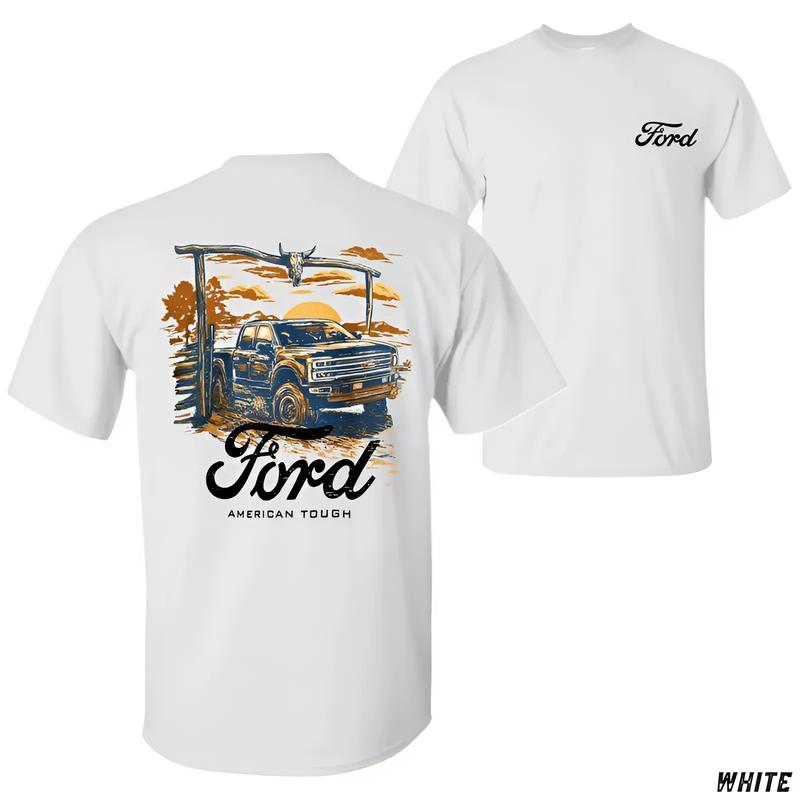 Ford American Tough T-Shirt, Western Sunset Truck Graphic with Longhorn Skull Gate, Rugged Country Design for Pickup Lovers, Unisex Cowboy Style Shirt, Rural Lifestyle Apparel, Ford Truck Fans Tee Menswear Tops