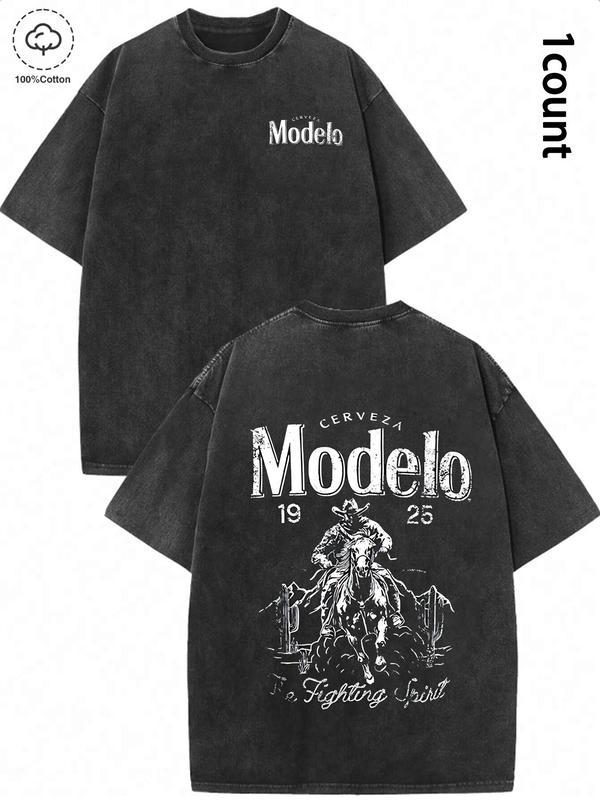 Unisex’s 100% Cotton Washed Distressed Modelo Cowboy Tee, Regular Fit Street Fashion Casual Comfy Short Sleeve Round Neck T-shirt for Daily Wear, All-match Top for Summer