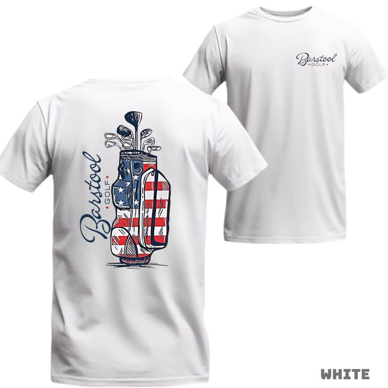 Barstool Golf T-Shirt – American Flag Golf Bag Design – Perfect for Golf Lovers, Cotton Material, Unisex Menswear Top Casual Crewneck
