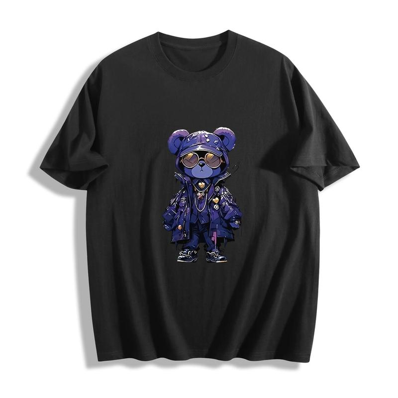 【FaddishDeal】Women’s casual cotton printed t-shirt with cool fashion bear design, hip-hop style, tech style, stretch fabric, short sleeves, round neck short sleeves gift