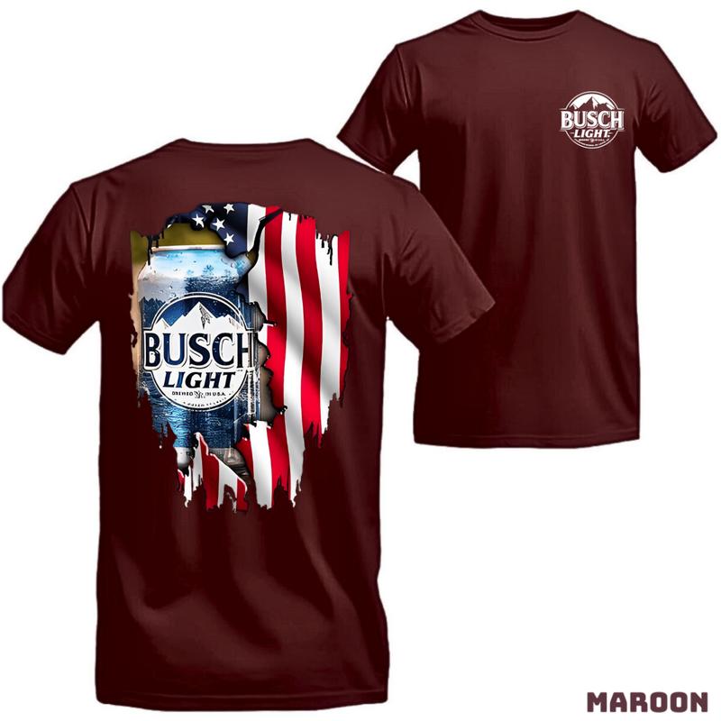 Busch Light T-Shirt – 100% Cotton, Casual Fit, Short Sleeve, Crew Neck, Features Bold American Flag & Crushed Can Design, Ideal for Beer Lovers – Menswear Tops