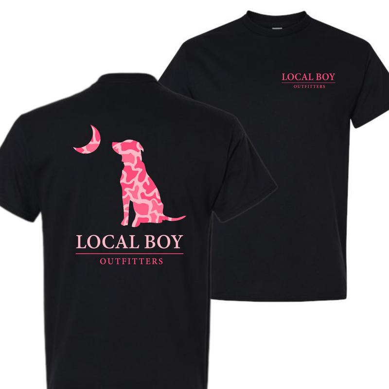 Local Boy Outfitters Dog and Moon Pink Camo TShirt – Hunting Graphic Tee, Funny Casual Unisex Shirt for Men and Women, Classic Outdoors Style