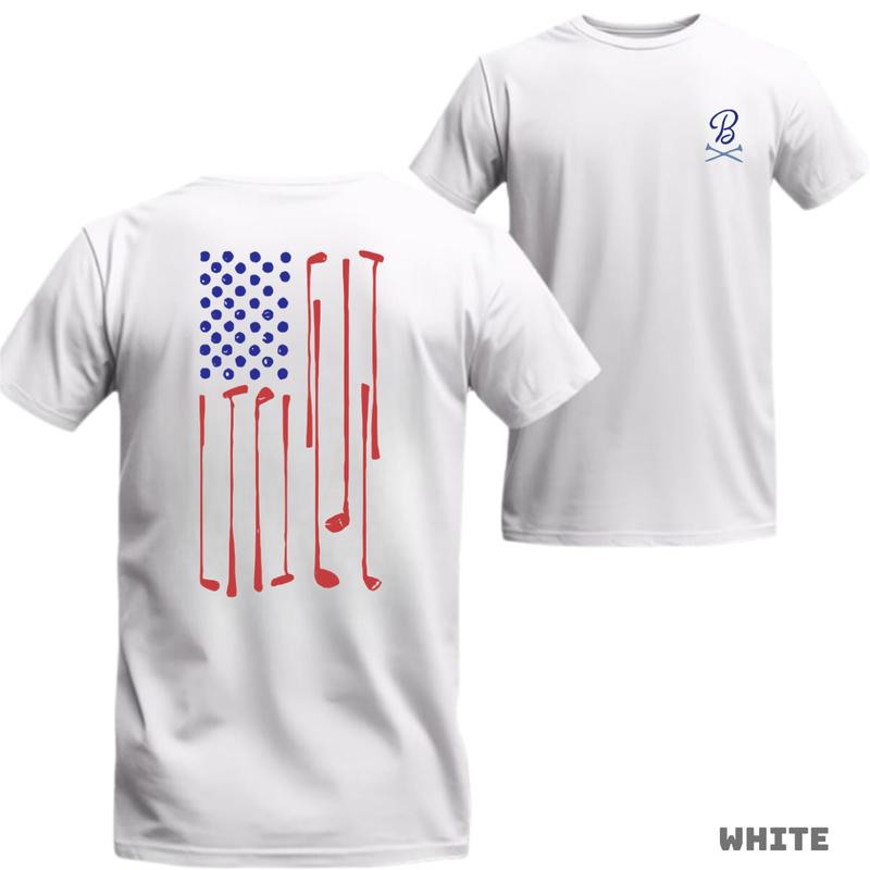 Barstool Golf T-Shirt – USA Flag Made of Golf Clubs, Soft Cotton Tee for Patriotic Golfers & July 4th Celebrations – Unisex Menswear Top Crewneck Casual