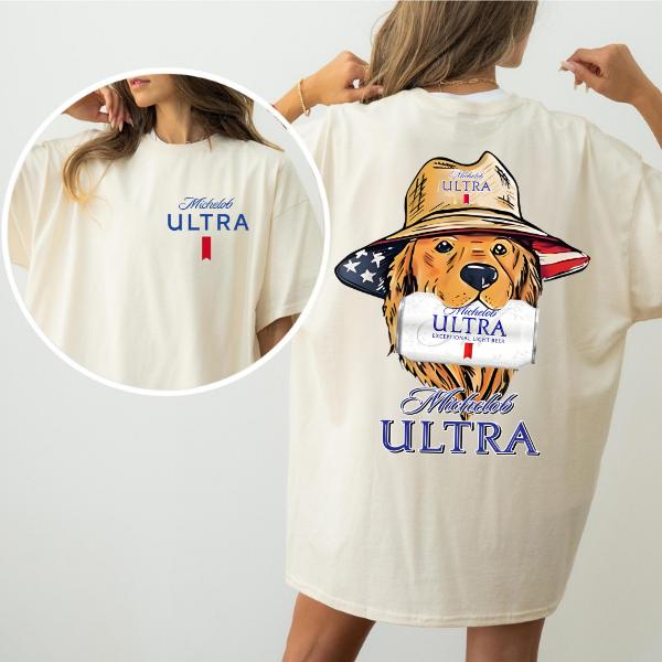 Michelob Ultra 2-Sided T-Shirt, Patriotic Dog Graphic Beer Lovers Tee, For Men & Women Crewneck