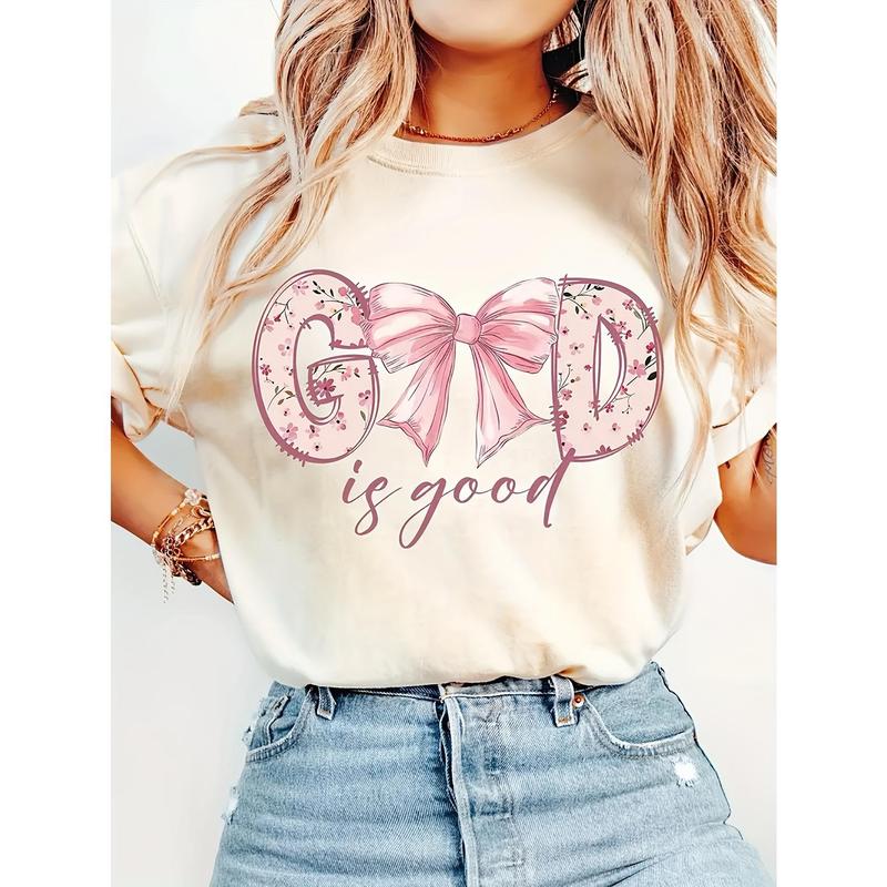1pc Women’s Vintage Christian “God Is Good” Bible Verse T-Shirt with Floral Bow Design, Soft Round Neck Short Sleeve, Machine Washable Beige Casual Top for Mother’s Day, Father’s Day & All Festivals