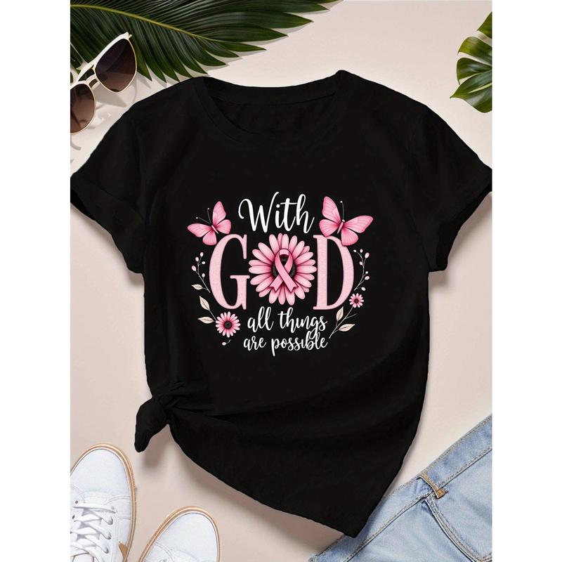 “with God All Things Are Possible” Women’s T-Shirt – Inspirational Quote with Floral & Butterfly Design, Casual Short Sleeve, Round Neck, Cotton, Machine Washable, Casual Wear|Round Neck Top