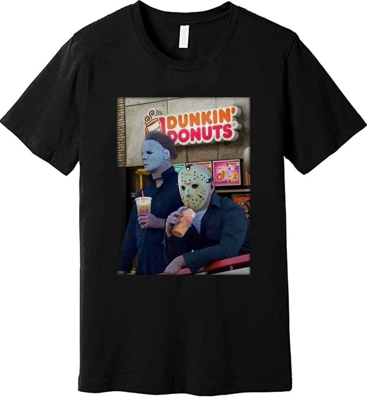 Dunkin Donuts Michael Myers And Jason Voorhees Funny Halloween , Summerween Tee, Horror Movie Characters Shirt, Friday the 13th, Horror Halloween Movies Shirt Cotton
