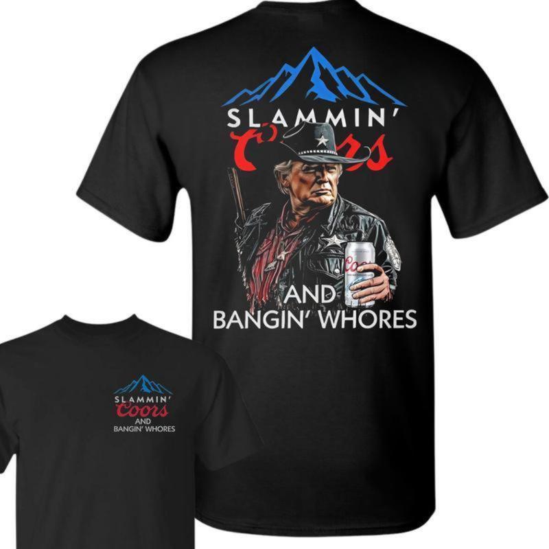 Coors Banquet T-Shirt, ‘Slammin’ Coors & Bangin’ Whores’ Graphicwith USA Flag & Cowboy, Bold & Fun for Beer Lovers