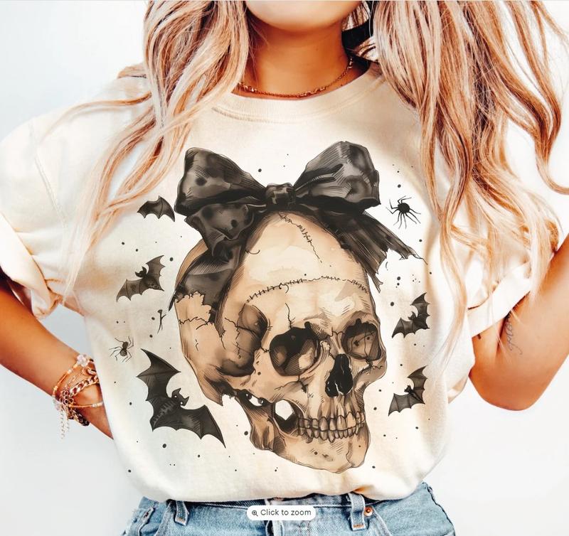 Halloween Skull Bow Shirt Fit Cotton Spooky Season