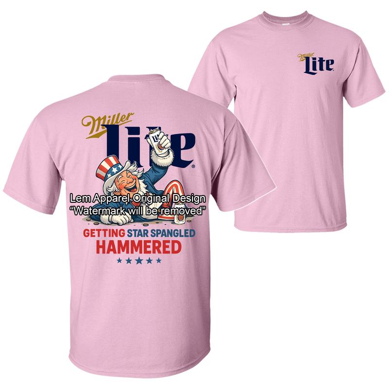 Miller Lite Uncle Sam Drunk Getting Star Spangled Hammered 4th of July T-Shirt, Independence Day 2 Sided Unisex Cotton T-shirt for Men for Women