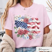 4th Of July Womens Floral American Flag Shirt, Patriotic Women Independence Day Shirt, Full Colors, Full Sizes, For Men, For Women