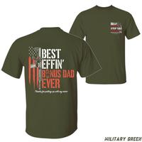Best Effin’ Bonus Dad T-Shirt – Bold design with Best Effin’ Bonus Dad Ever text and gun graphic, perfect for Father’s Day, Unisex. Menswear Top Shortsleeve