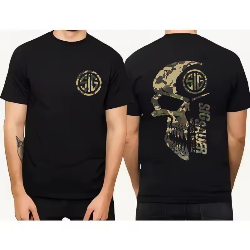 2025 Summer Men’s Camo with Sig Sauer Never Settle T-shirt, Unisex Short Sleeve Casual 100% Cotton, Camo Shirt, Sig Sauer Lover Gift