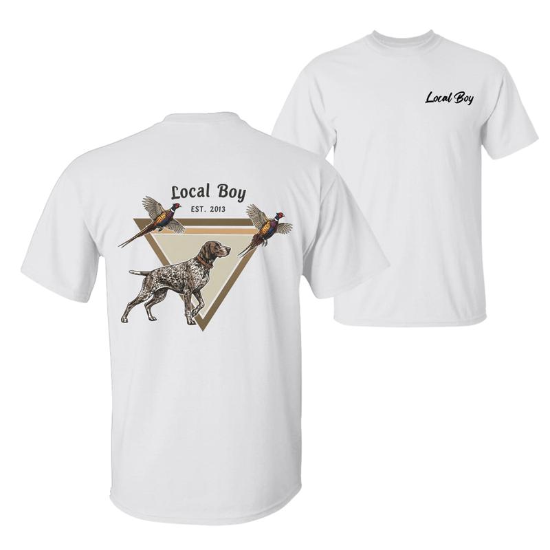Local Boy Hunting Dog & Pheasant Shirt, Outdoorsman Tee, Casual Short Sleeve Crew Neck, Comfort Cotton
