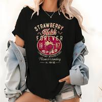 Women’s Strawberry & Letter Print Round Neck Tee, 90s Graphic Tees, Vintage Trendy Casual Short Sleeve T-shirt for Daily Wear, Ladies All-match Streetwear Top