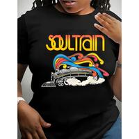 Vibrant Plus Size Women’s Fashion T-Shirt – “Soul Train” Graphic, Stretchy Polyester Blend, Round Neck Short Sleeve – Colorful & Comfortable Casual Wear