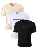 Men’s Basic Striped & Letter Print Crew Neck Tee, Summer Clothes, Regular Fit Streetwear Round Neck Short Sleeve T-shirt for Men, Stylish Graphic Tees, Menswear, Soft Breathable Fabric Knitting Top for Summer, T Shirts for Men
