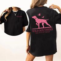 Pink Camo Hunting Dog Shirt, Wild Southern T-shirt, Simply Printed Graphic Shirt, Daily Casual Cotton Womenswear