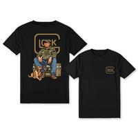 The 47th President Trump Holding a Glock Sitting Next to a Hunting Dog Shirt, Camo Hunting Season Crewneck Unisex Cotton T-shirt