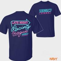 “Late Night Racing League – 1320 Video” neon print T-shirt, perfect for midnight street racing style, classic car culture