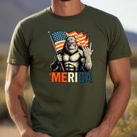 Comfort Colors Big Foot Merica T Shirt, Funny Patriotic Sasquatch Tee, USA Flag Shirt, 4th Of July American Family Shirt