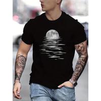 100% Cotton High QualityMinimalist] Men’s Fashion Moon Print T-Shirt, 100% Cotton Crew Neck Short Sleeve Casual Tee, Versatile Streetwear Top for Spring/Summer
