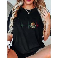 100% Cotton Mexico Heartbeat EKG Pulse Mexican Pride Emblem Mexico Flag T-Shirt Fabric Summer pride parade outfits