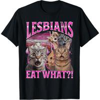 100% Cotton Lesbians Eat What?! Funny Cat Gay Pride LGBTQ Pun T-Shirt Fabric Summer freak cat meme graphic t-shirt Fashion Top pride parade outfits cotton menswear