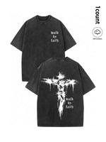 Unisex 100% Cotton Cross & Faith Over Fear Slogan Print Washed Distressed Short Sleeve Tee, Regular Fit Vintage Trendy Casual Relaxed Comfy Round Neck T-shirt for Daily Wear, Men’s All Seasons Top, Summer Clothes, Christian Apparel