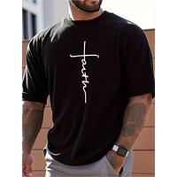 Men’s Faith Cross Print Short Sleeve T-Shirt – 100% Cotton Loose Fit Casual Streetwear, Breathable Summer Essential for Daily & Outdoor Wear, Comfortable Street Style | Graphic Crew Neck Tee | Soft Natural Fabric