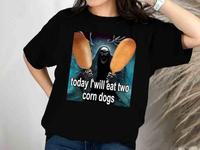 Today I Will Eat Two Corn Dogs Funny Trendy Meme T-shirt, Skeleton Corndog Meme T-Shirt, 100% Cotton, Crew Neck, Slight Stretch, Breathable & Wear-Resistant, All-Season Short Sleeve Tee, Perfect for Outdoor & Daily Fashion