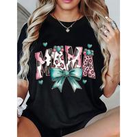 Women’s Oversized Loose Fit Graphic T-Shirt – Mama Design with Hearts, Bows & Leopard Print, Soft Breathable Crew Neck Short Sleeve Casual Tee for Mother’s Day Gift, All-Season Comfort, Ladies T Shirts