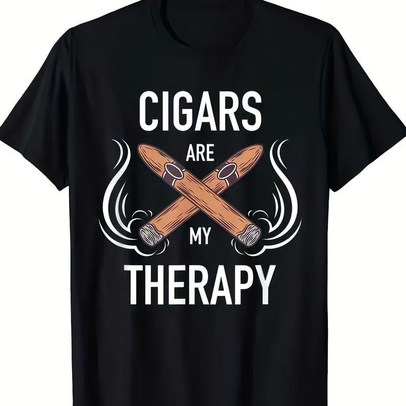 Men’s Fun Cigar Smoke T-Shirt – “*** Are My Therapy” Cotton Crew Neck Short Sleeve Top, Hip Hop Fashion Style Menswear Beige