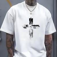 Men’s Cotton Short-Sleeve T-Shirt – Retro Cross Print, Casual Street Style, Breathable, Machine Washable, Ideal for Parties and Casual Wear Menswear Soft Top Beige Long Small