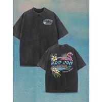 Men’s Vintage Washed High Quality Round Neck Short Sleeved Shirt with Beach Carnival Flamingo Double Sided Print T-shirt