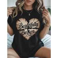 Women’s Casual Crewneck T-Shirt with “BeautifulBroken” Heart Print, Regular Length, Perfect forDaily Wear, Spring/Summer Fashion, and Back toSchool Outfits, ldeal for All Seasons, AddictedTop for 2025 Summer Clothes Women Cotton Tshirt