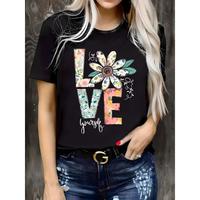 Women’s Floral “LOVE” Graphic Tee , Short Sleeve, Soft Polyester Blend, Machine Washable, Black with Colorful Flower Design, Everyday Tee | Crew Neck Tshirt | Durable Fabric, Ladies T Shirts Top Casual vintage graphic tees shirts women