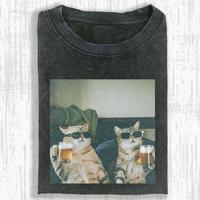Funny Cat Vintage Washed Crew Neck Tee Heavyweight(280g) Regular Fit Casual Comfort Breathable Short Sleeve Funny T-shirts for Summer Fashion Men&Women’s Top for Daily Wear 06203