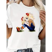 Women’s Cute Cartoon Character Print T-Shirt – Casual, Sporty,All-Season Comfort, Black with Blonde Graphic Top Womenswear summer outfits