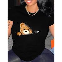 Women’s Cute Teddy Bear Graphic T-Shirt – Casual Black Polyester Tee with Zipper Detail, Short Sleeves & Round Neckline, Machine Washable, Casual Wear|Playful Graphic Tee|Machine Washable Top