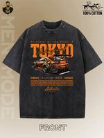 Tokyo racing print summer men’s fashion off-shoulder sleeve high-quality thick 230g pure cotton oversized vintage washed cotton water-washed process round-neck T-shirt street style loose hip-hop short-sleeve shirt