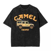 Camel Brand Car Theme T-shirt, suitable for all four seasons in hip-hop style, washed short-sleeved T-shirts with retro off-road racing style Graphic Print