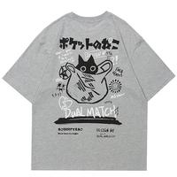 Summer Japanese Retro Pocket Cat Cartoon Printed Short Sleeve T-shirt Male Female Couples Unisex College Style Oversized Top